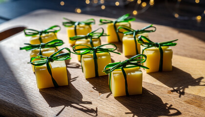 Gourmet cheese appetizers cubes tied with fresh chive bows, creatively arranged on a rustic wooden cutting board. Festive presentation for a party, catering, or event with beautiful bokeh lights.
