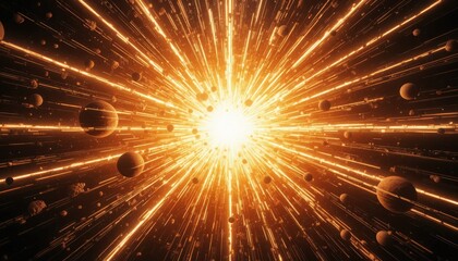 A dynamic, high-energy science fiction background showing light streaks emanating from a central bright point, giving the illusion of hyperspace jump or cosmic expansion. 