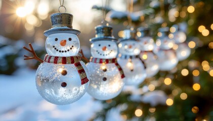 Row of charming glass snowman ornaments hanging on a Christmas tree branch outdoors. Festive winter scene with snow, golden sunset light, and beautiful sparkling bokeh background for the holidays.