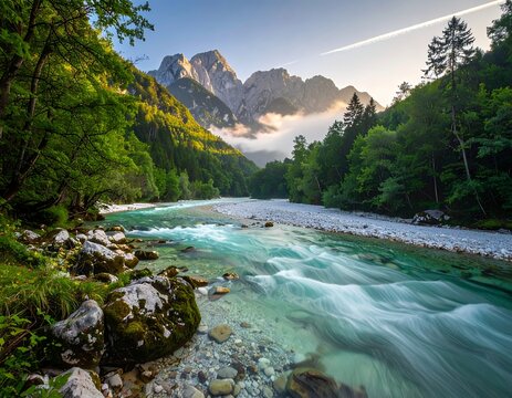 Scenic Soca River flowing through a lush green valley with majestic mountains in the background at sunrise.