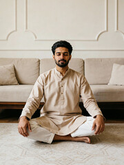 Young South Asian Man Cross‑Legged Meditating in Beige Kurta &mdash; Neutral Minimalist Living Room, Mindfulness/Wellness App Hero Image