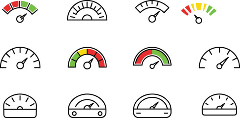Vector illustration of twelve gauge icons—dashboard meters for performance, speed, data, UI design, analytics, measurement, and interface visualization reference