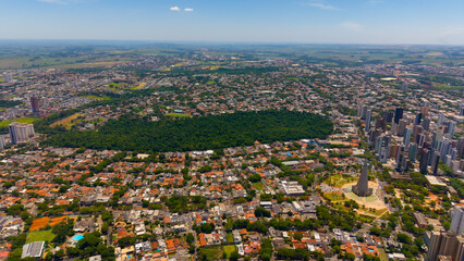 Fototapeta premium Aerial View of Maringa, Cathedral and downtown. Several buildings. Paraná, Brazil.