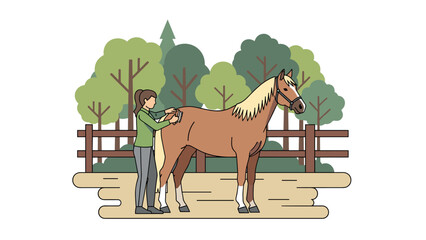 Woman grooming a horse in a peaceful outdoor setting