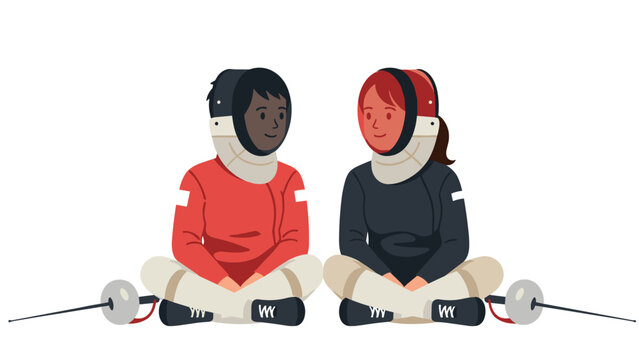 Friendly fencing encounter: two smiling fencers in full gear relaxing together