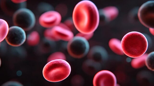 A detailed 3D microscopic visualization of red blood cells (erythrocytes) flowing through the bloodstream against a dark, abstract background, highlighting the biconcave cellular structure.