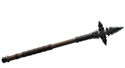 An ancient fantasy spear with a leather grip and carved obsidian head isolated on a white background Concept of ancient fantasy weaponry