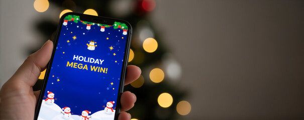 Hand holding a smartphone with a holiday mega win message. Christmas mobile lottery or gambling game app. Festive background with copy space for a banner