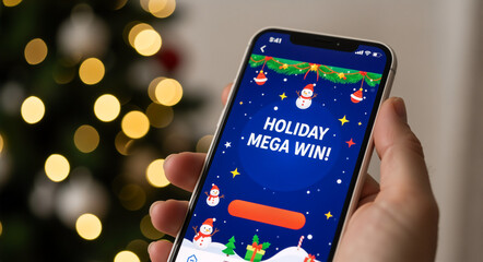 A hand holding a smartphone with a "Holiday Mega Win!" message on the screen. Festive Christmas-themed mobile lottery or gaming application with a blurred tree background.