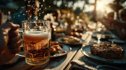 Group drinking beer at a summer barbecue