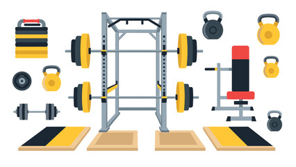 Modern gym equipment icons in flat design for fitness and strength training