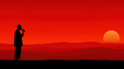 Fototapeta premium Man drinking silhouette against a sunset background
