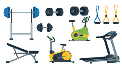 Modern gym equipment icons: treadmill, bike, weights, and more for fitness design