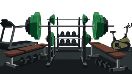 Gym equipment in modern fitness center with bright green weights