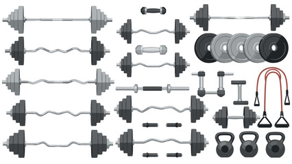 Comprehensive fitness equipment collection with dumbbells, kettlebells, and resistance bands