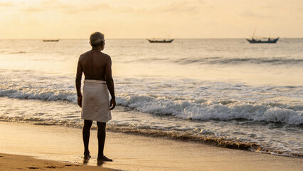 Elderly Fisherman in White Sarong Silhouette on Sunrise Beach, Boats on Horizon
