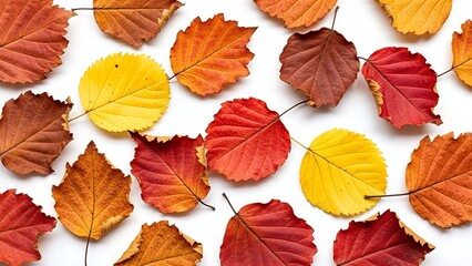 Fototapeta premium Vibrant Autumn Leaves Scattered on a White Background, Top View.