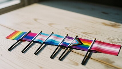 Rainbow flags in a row on a wooden table, vibrant colors, suitable for pride and diversity themes