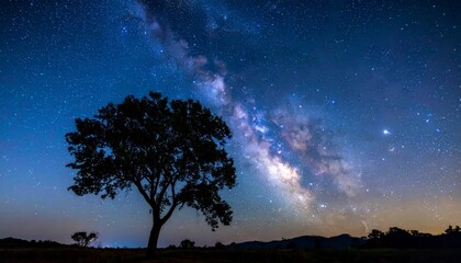 Stunning Milky Way Galaxy Arching Over a Lone Tree Silhouette at Night.