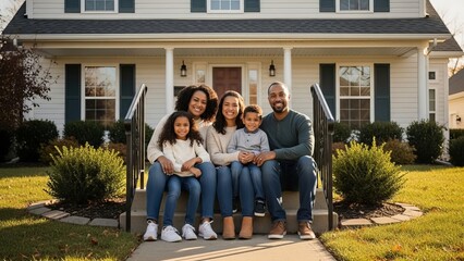 African American family in casual attire seated on porch steps with their house in the background, smiling. The family poses in front of their suburban home.