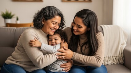 Hispanic family, dressed in casual clothes, embracing on a sofa in a living room. Three generations, smiling, cuddling, in a home.
