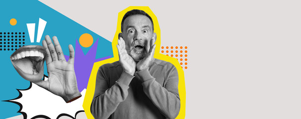 A vibrant collage features bold colors and playful shapes with expressive faces. The design captures excitement and joy through dynamic imagery and fun elements arranged in a mosaic style.