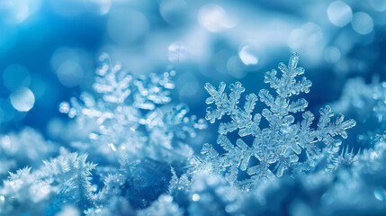 Shiny snowflakes on snow-covered northern background. Mockup for winter holiday designs, Christmas greeting cards, banners. Copy space.