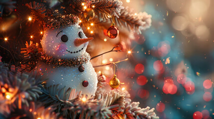 Cute Snowman against backdrop of snowy Christmas forest. Festive New Year's atmosphere. Mockup for greeting card. Copy space.