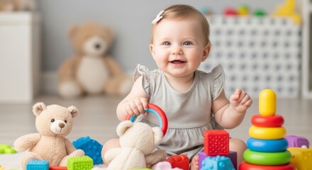 Obraz premium Smiling baby girl with toy ring and soft toys in a nursery, happy child playing. Adorable toddler in dress with bow, enjoying play at home.