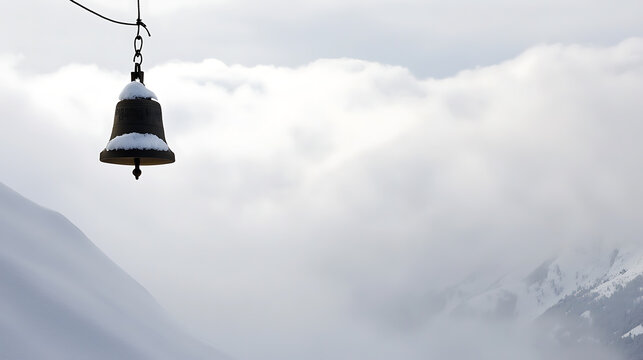 A rustic bell hangs in the winter air, dusted with snow, against a backdrop of majestic, snow-covered mountains and a sky filled with gentle, swirling clouds.