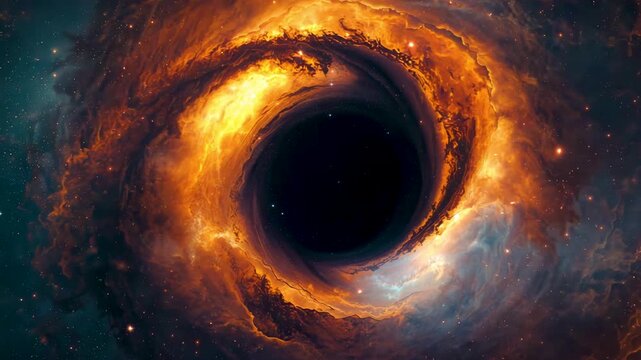 Fiery swirling galactic formation surrounding a dark central void with glowing nebula textures in a dramatic deep space scene