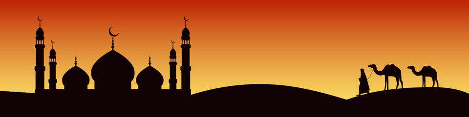 Horizontal vector Ramadan banner with silhouettes of mosque and camels against sunset background and empty space for text.