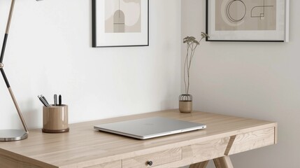 Minimalist Home Office Workspace with Laptop on Wooden Desk