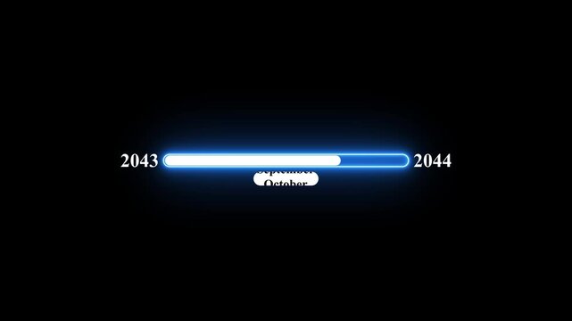 2043 to 2044 loading animation with January 2043 to January 2044 timeline on black background, year progress transition, calendar time loading bar, new year change concept