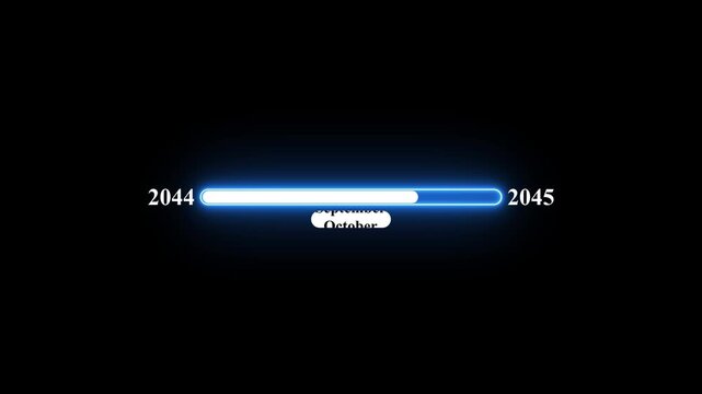 2044 to 2045 loading animation with January 2044 to January 2045 timeline on black background, year progress transition, calendar time loading bar, new year change concept