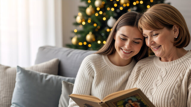 Smiling mother and adult daughter looking at a photo album together on a sofa. Happy family sharing memories during the Christmas holidays at home - Powered by Adobe