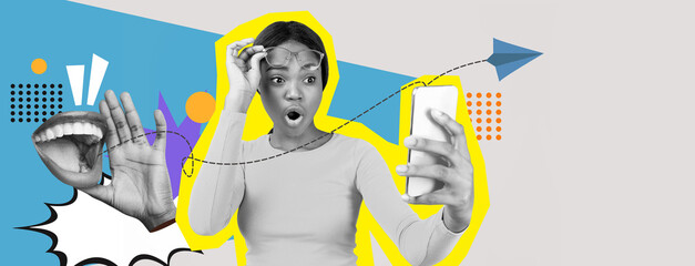 A vibrant collage showcases a surprised woman looking at her smartphone. Bright colors and playful...