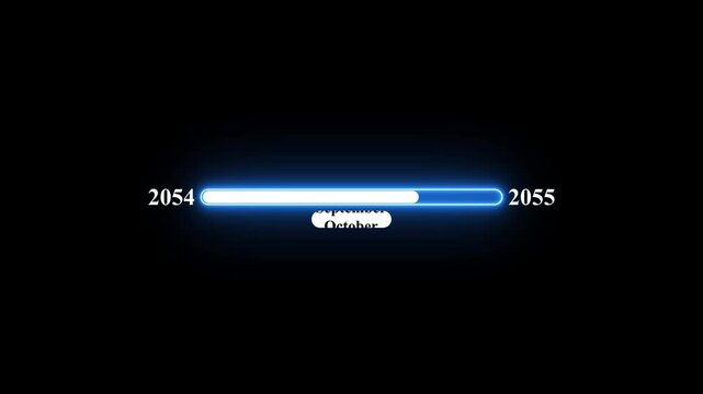 2054 to 2055 loading animation with January 2054 to January 2055 time line on black background, year progress transition, calendar time loading bar, new year change concept