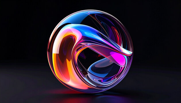 Futuristic neon deformation sphere, abstract 3D glass orb with flowing curved lines and wavy shapes.
