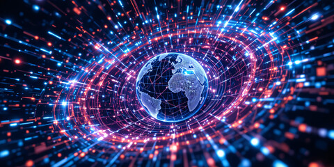 Global network connection background, glowing world map lines, data transfer, fiber optics, technology communication concept.
