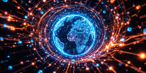 Global network connection background, glowing world map lines, data transfer, fiber optics, technology communication concept.
