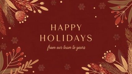 Obraz premium A warm festive holiday background with stylish seasonal foliage and berries frames the heartfelt message Happy Holidays from our team to yours perfect for corporate