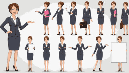 Professional businesswoman character vector illustration set showing various poses and actions for corporate communication and business presentations