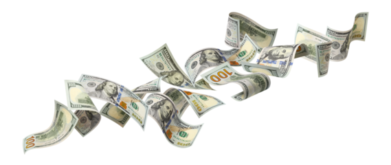 Flying hundred dollar bills, isolated on transparent cutout background