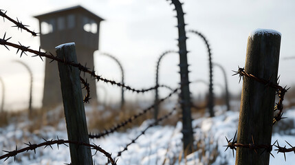 Barbed wire and guard tower in winter setting. Snow covers the ground, and the sky is overcast. The scene evokes a sense of confinement and stark isolation in a cold landscape.