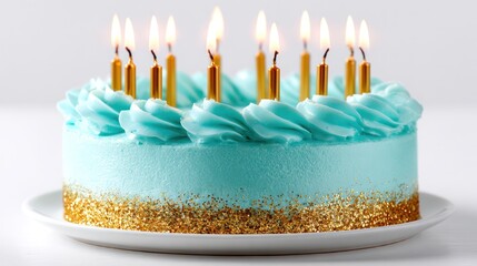 A Celebration of Sweet Delights: A vibrantly decorated cake adorned with elegant golden candles set upon a pristine white plate, promising a moment of joy and sweetness.