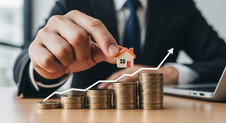 Man in suit holds house figurine with coins and arrow graph at office. Real estate professional at desk.