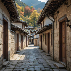 Fototapeta premium Ancient Alleyway: A historic alleyway lined with traditional stone buildings, featuring warm colors and textures in a picturesque setting.