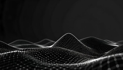 Abstract 3D graphic of interconnected nodes forming a fluctuating, undulating mesh