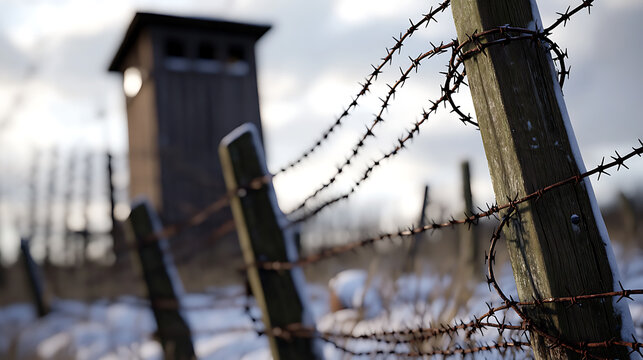 Rural watchtower behind a rustic barbed wire fence evokes isolation. The snow-dusted setting and simple structure imply quiet vigilance in the winter landscape. - Powered by Adobe